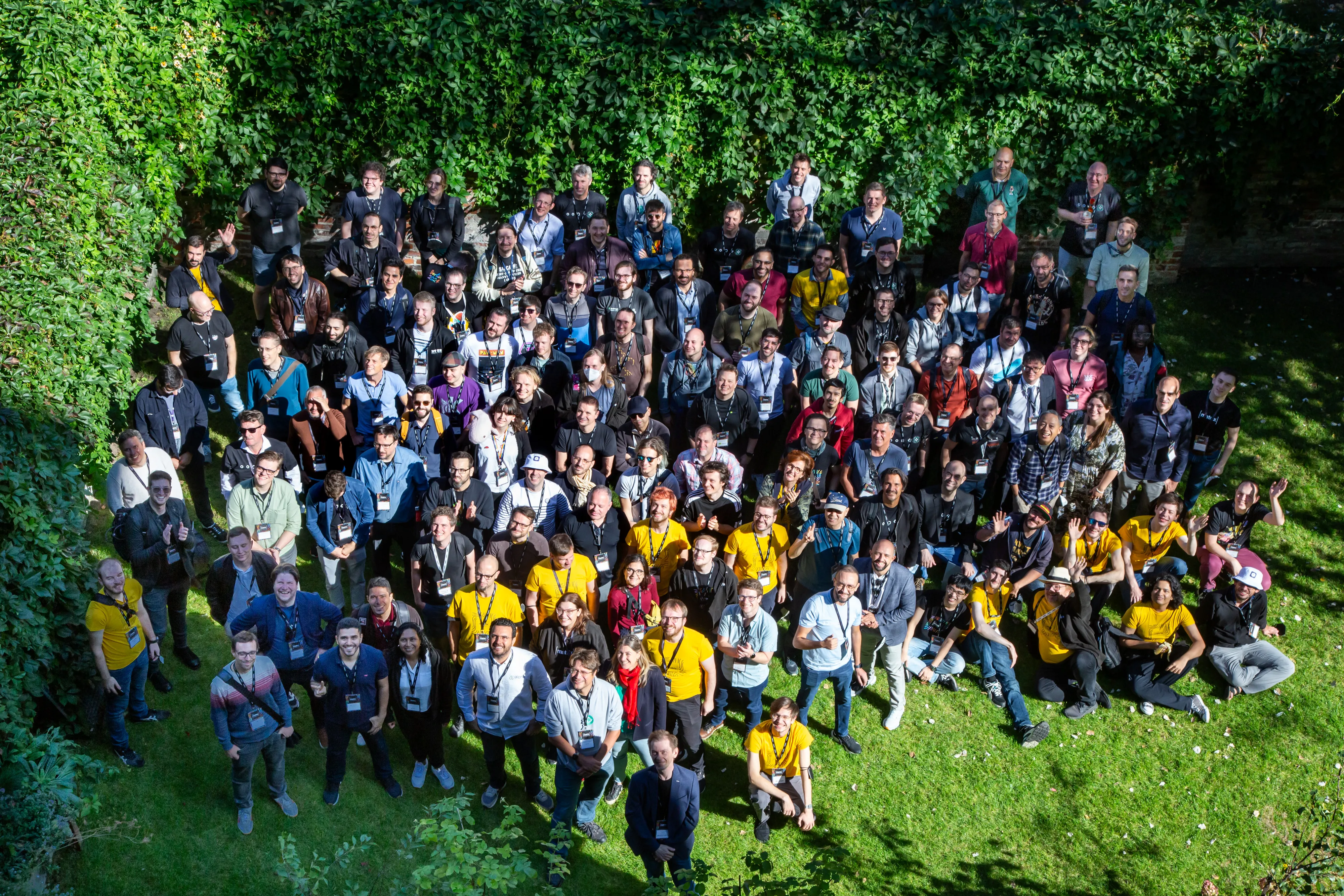 A picture of an enthusiastic crowd taken from above.